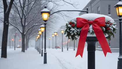 A snow-covered streetlight wrapped with a garland and red bow