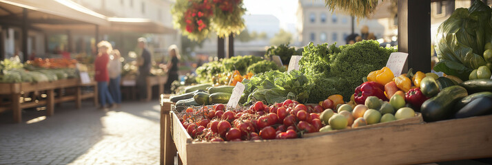 A bustling farmers market is filled with fresh, colorful produce and lush greenery, displaying an abundance of healthy fruits and vegetables under the morning sun.
