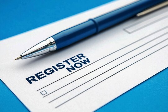 Register submission conceptual. A blue pen rests on a white registration form with the words "REGISTER NOW" printed prominently, inviting immediate action. - Powered by Adobe
