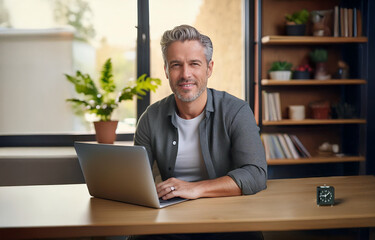 Smiling businessman working on laptop at cozy office