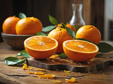 Sliced Oranges on a Rustic Wooden Table