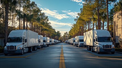Fototapeta premium Fleet of White Semi Trucks Parked in a Tree-Lined Driveway