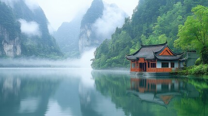 Fototapeta premium Serene lakeside pavilion surrounded by misty mountains in a tranquil landscape