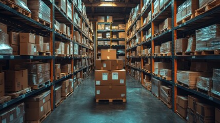Obraz premium Extensive Warehouse Inventory: Rows of Packed Cardboard Boxes in a Large Storage Facility
