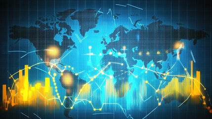 Obraz premium Vibrant Stock Market Concept Design Featuring Dynamic Graphs and World Map with Digital Elements Representing Global Financial Trends and Data Analytics