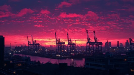 Obraz premium A stunning sunset illuminates a harbor with silhouetted cranes, casting vibrant pink and purple hues across the sky and reflecting on the water.