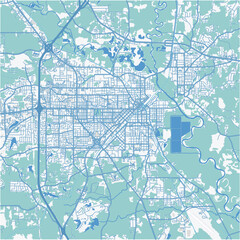 Map of Hattiesburg in Mississippi in a professional blue style. Contains layered vector with roads water, parks, etc.