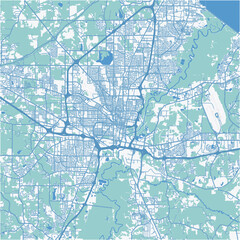 Map of Jackson in Mississippi in a professional blue style. Contains layered vector with roads water, parks, etc.