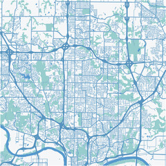 Map of Gladstone in Missouri in a professional blue style. Contains layered vector with roads water, parks, etc.