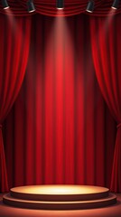 Grand Stage with Red Curtains and Spotlights in Theater Setting