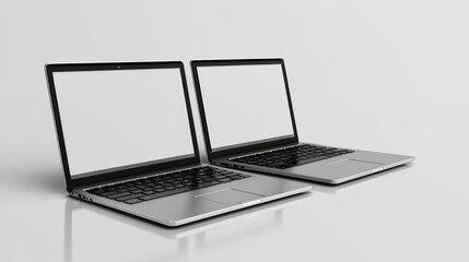 Two modern laptops with blank screens, side-by-side on a reflective surface.