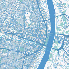 Obraz premium Map of St. Louis Center in Missouri in a professional blue style. Contains layered vector with roads water, parks, etc.
