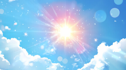 Naklejka premium Bright vector sun with a radiant lens flare shining in the sky, star, illustration, summer. Radiant Solar Flare. Illustration