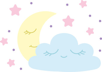 Crescent moon and light blue cloud with closed eyes and smiling expressions, surrounded by pink and purple stars.
