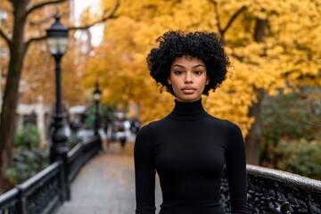 Young african female in black turtleneck walking on autumn park path
