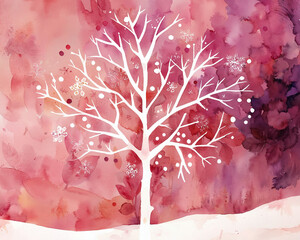 Graceful Snowy Tree in Dreamy Pastel Landscape, Serene Snowfall, winter wonder, Christmas illustration, holiday banner, festive decor, tranquil scene.