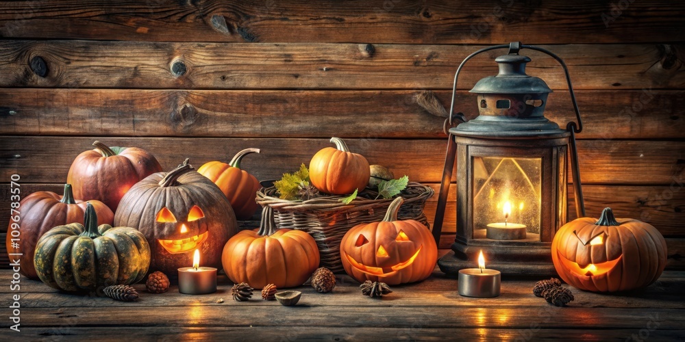Poster Smiling Jack-O-Lanterns illuminate a rustic wooden scene with the glow of candlelight, creating a warm and inviting ambiance for Halloween.