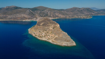 Aerial drone view of the island Monemvasia, a castle city in Greece