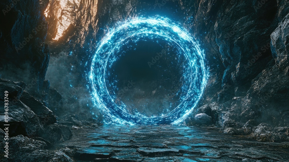 Poster A luminous circular doorway, glowing with cosmic energy, inviting the viewer to step through into an alternate reality or dimension.