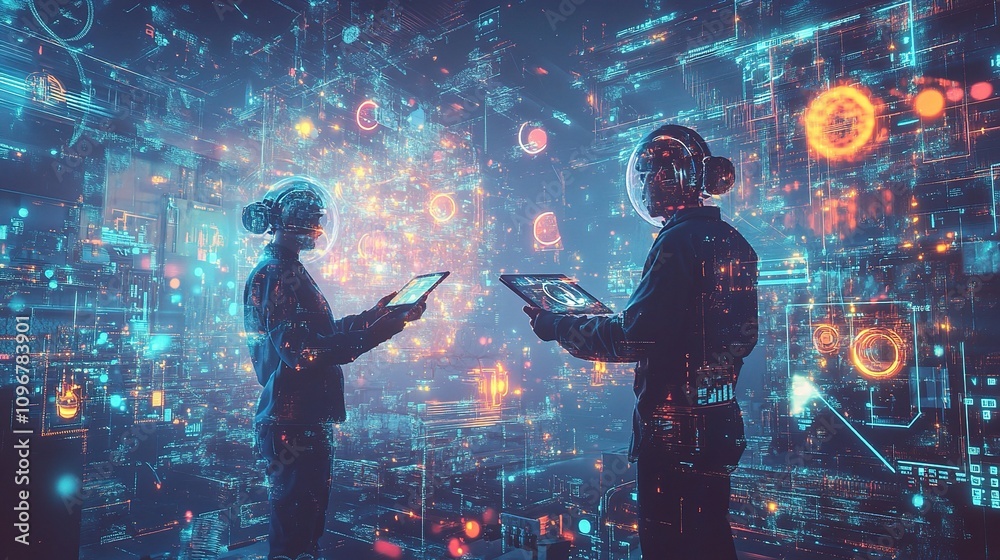 Poster engineers collaborating on heavy duty industrial projects in a futuristic digital environment with a