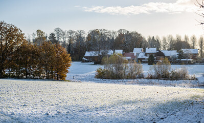 Winter landscape with snow on the fields in Vlaams Brabant, Belgium