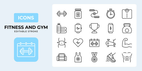 Line icons about fitness and gym. Containing workout, healthy, lifestyle, weight training, body care and workout. Vector editable line illustration