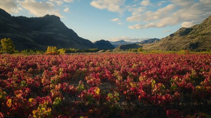 Fototapeta premium Beautiful Landscape of Vibrant Red Vineyard Under Blue Sky Surrounded by Mountains, Showcasing Nature’s Splendor in Autumn Season