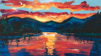 River in the Mountain Valley painting illustration image, River wall painting.