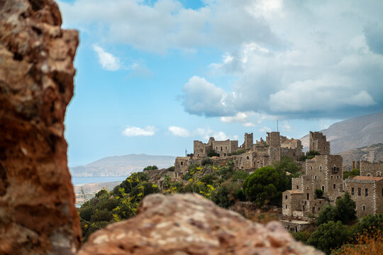 Ancient stone village of Vatheia under a cloudy sky in Greece, Mani, Peloponnese