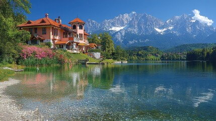 Naklejka premium Scenic lakeside villa surrounded by mountains and vibrant nature on a sunny day