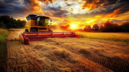 Fototapeta premium Harvesting Wheat at Sunset with a Combine Harvester in a Scenic Rural Landscape Featuring Golden Fields and Vibrant Skies