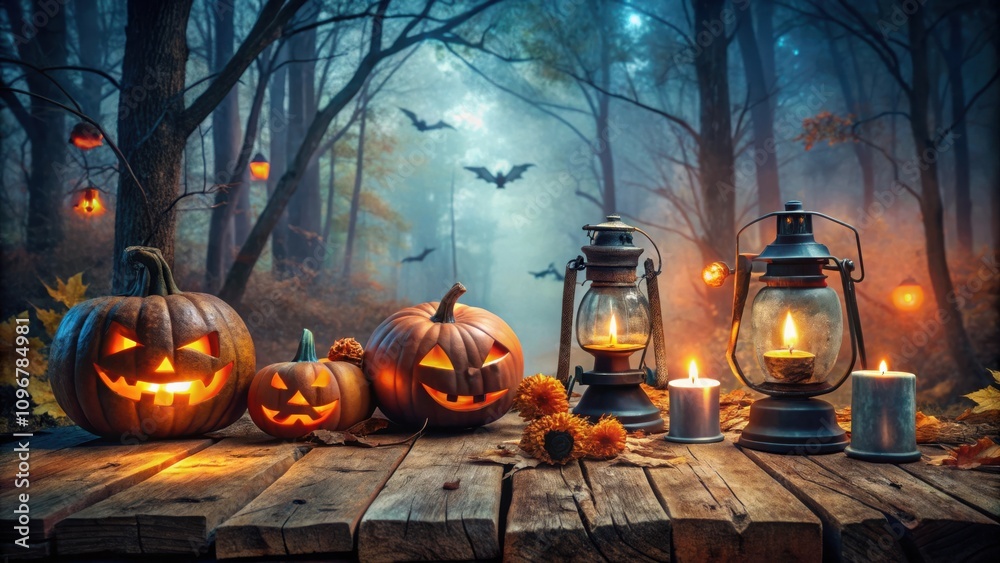 Poster Jack-o'-lanterns Illuminate a Mystical Forest Path with Glowing Lanterns and Candles on a Rustic Wooden Table