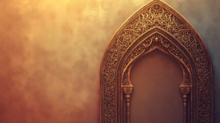 islamic arch in bronze tone, ample space for text, islamic banner concept, generative ai.