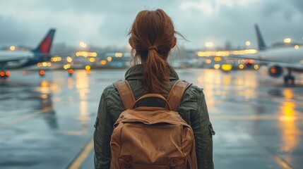 Obraz premium Traveler gazes at illuminated airport runway during a rainy evening, anticipating adventure ahead