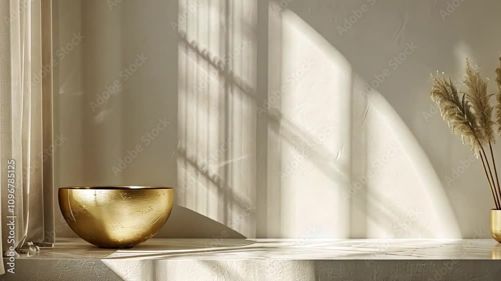 Poster in a serene indoor space, a golden bowl and a stylish vase holding pampas grass catch the soft natur