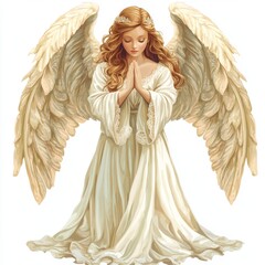 serene angel with large wings, dressed in flowing white gown, prays peacefully