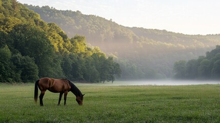 Majestic Horse Grazing in Lush Green Meadow Surrounded by Rolling Hills, Soft Morning Light Filtering Through Trees in Peaceful Landscape Setting