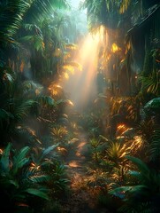Obraz premium A serene tropical rainforest scene showcasing dense greenery, illuminated by soft golden sunlight filtering through the foliage, creating a tranquil, magical atmosphere.