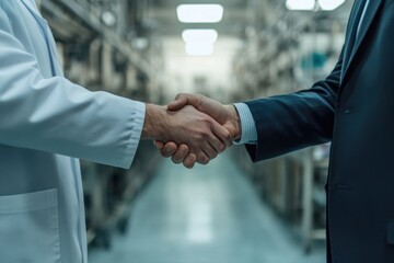 Professional handshake between a doctor in a lab coat and a businessman in a suit, symbolizing collaboration in healthcare and business environments in a sterile laboratory setting.