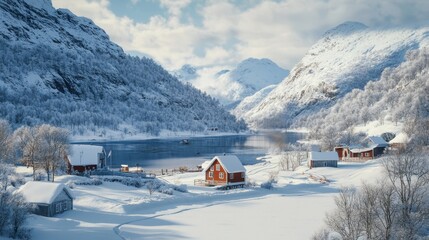 Red wooden cabin stands in a snowy forest clearing, with snow-capped mountains rising in the distance
