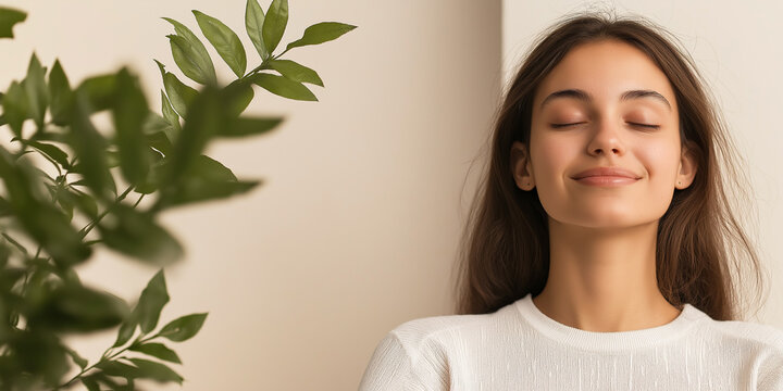 A serene woman with a peaceful expression, standing near indoor plants, symbolizing tranquility, relaxation, and mindfulness in a calming environment.