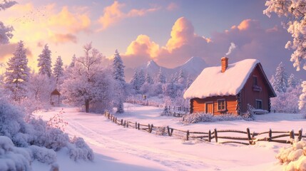 Red wooden cabin stands in a snowy forest clearing, with snow-capped mountains rising in the distance
