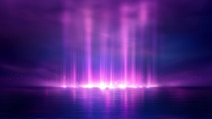 Vibrant purple light beams reflected on calm water at night, creating a mystical, ethereal atmosphere.