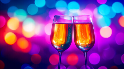 Celebration with sparkling champagne glasses against vibrant bokeh