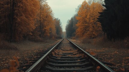 Fototapeta premium train tracks stretching into the distance surrounded by trees with golden autumn leaves