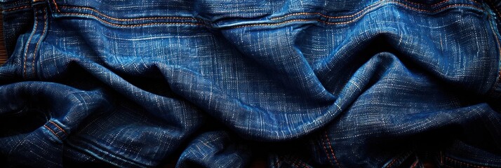 Naklejka premium Blue Denim Fabric Texture: Wrinkled and Detailed