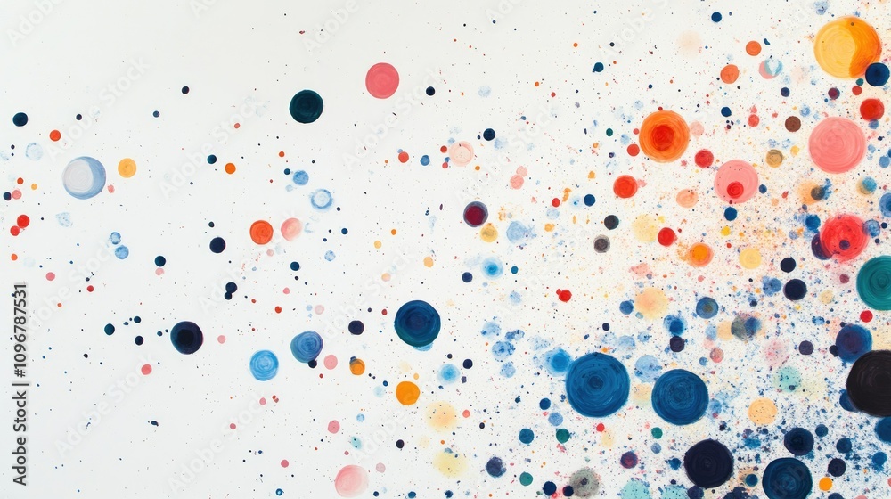 Poster A series of large and small colorful abstract dots scattered across a blank canvas, evoking a sense of playful randomness and creativity.