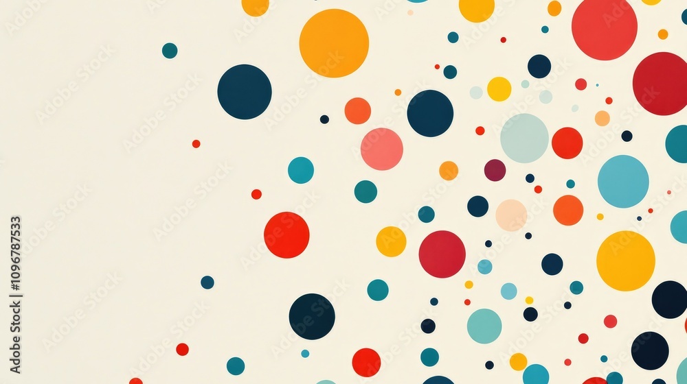 Poster A series of large and small colorful abstract dots scattered across a blank canvas, evoking a sense of playful randomness and creativity.