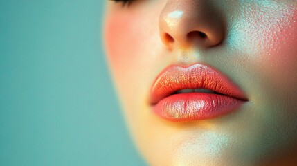 Naklejka premium Close-Up of a Female Face with Pastel Makeup and Artful Colors Showcasing Smooth Skin and Glossy Lips in an Aesthetic Style for Artistic Inspiration