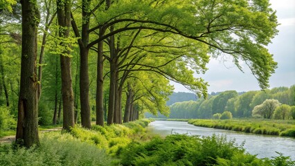 Tall trees and shrubs along the riverbank with vibrant green leaves and branches, Trees, Forest, Shrubs, Branches